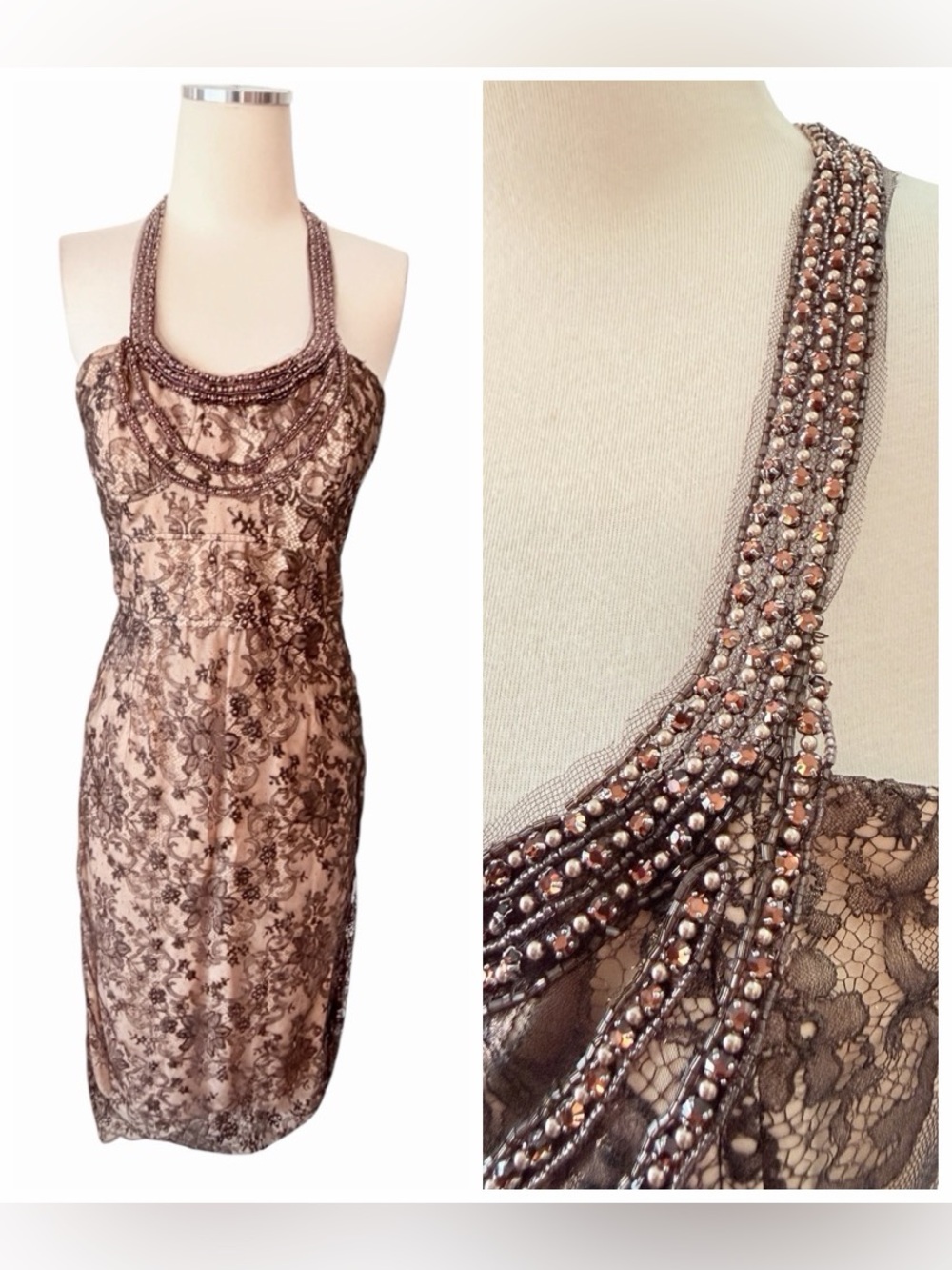 Lela Rose Blush and Brown Beaded Halter Lace Midi Dress Sz 6